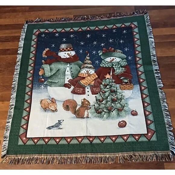 Snowman Winter Blanket Snowflakes Throw Fringed Vintage 51 X 58 Squirrel Bunny - Picture 1 of 10